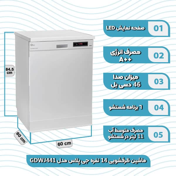 ماشین ظرفشویی 14 نفره جی پلاس مدل GDW J441
