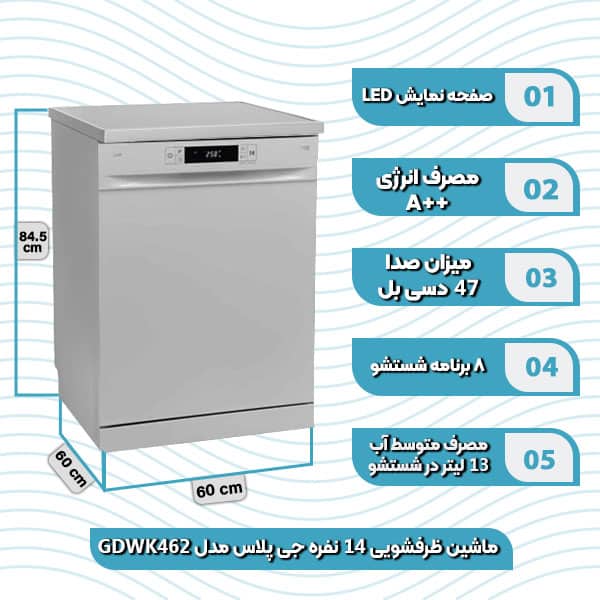 ماشین ظرفشویی 14 نفره جی پلاس مدل GDW-K462