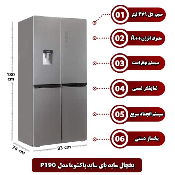 یخچال و فریزر ساید بای ساید پاکشوما مدل P190 چهار درب