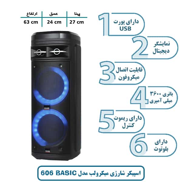 باند و اسپیکر شارژی میکرولب مدل BASIC 606 قابل حمل