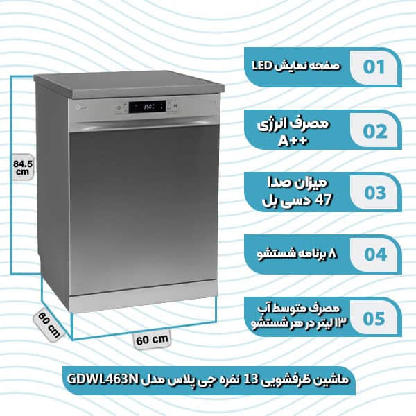 ماشین ظرفشویی 13 نفره جی پلاس مدل GDW-L463N
